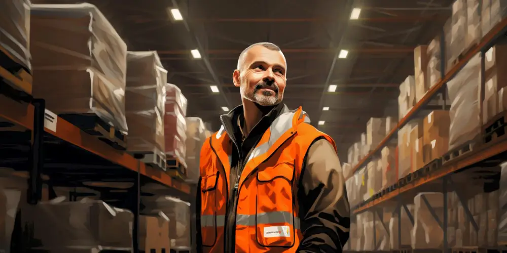 Warehouse supervisor in a reflective vest standing between shelves filled with wrapped inventory boxes