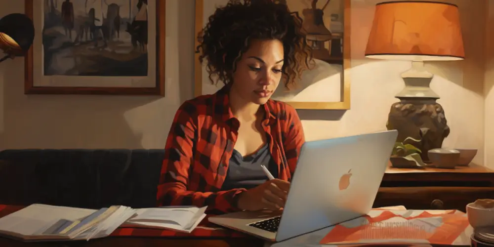 Woman working from home at a laptop, taking notes at a desk surrounded by paperwork and a warm table lamp