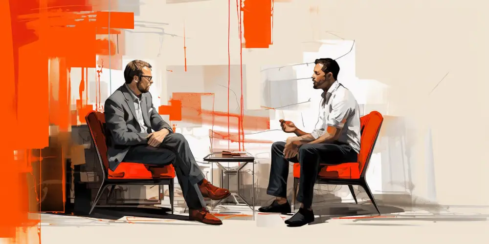Two men engaged in a business conversation, seated on modern red chairs in a minimalist office space with abstract artwork