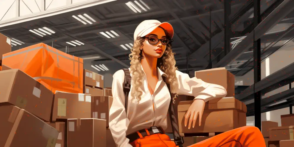 Young female warehouse worker in uniform and safety gear sitting among stacked cardboard boxes in a large industrial warehouse