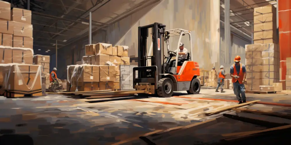 Warehouse operations with forklift moving palletized boxes and workers managing inventory logistics