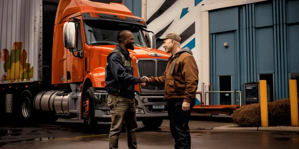 Two logistics partners shaking hands in front of a freight truck outside a distribution center