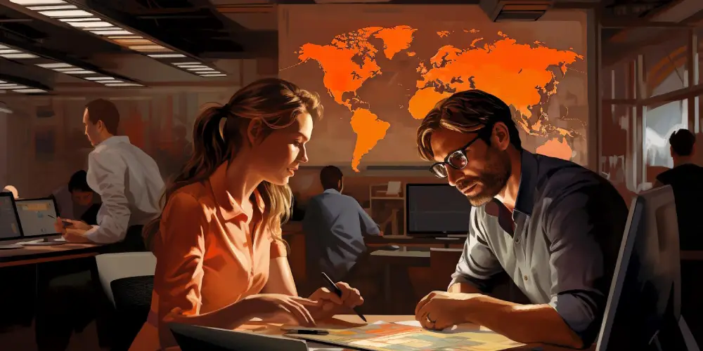 Supply chain analysts reviewing global logistics strategy with a world map in the background
