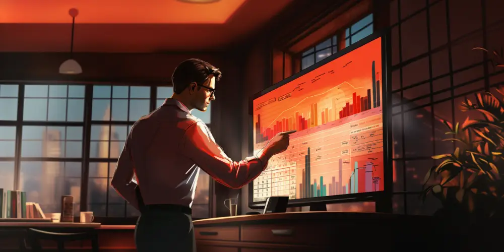 Business analyst reviewing supply chain performance metrics and data visualizations on a large digital dashboard
