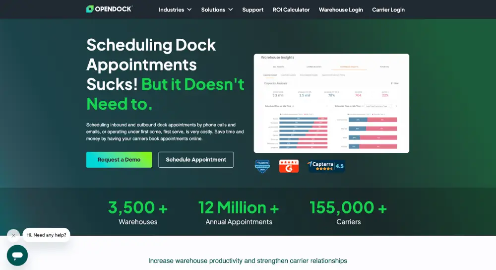 OpenDock dock scheduling software interface highlighting warehouse insights, appointment metrics, and automated carrier booking features for streamlined logistics