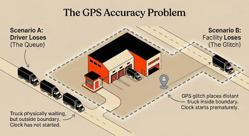 Infographic titled “The GPS Accuracy Problem” showing warehouse geofence errors where trucks are either outside the boundary while waiting or incorrectly logged inside due to GPS glitches.