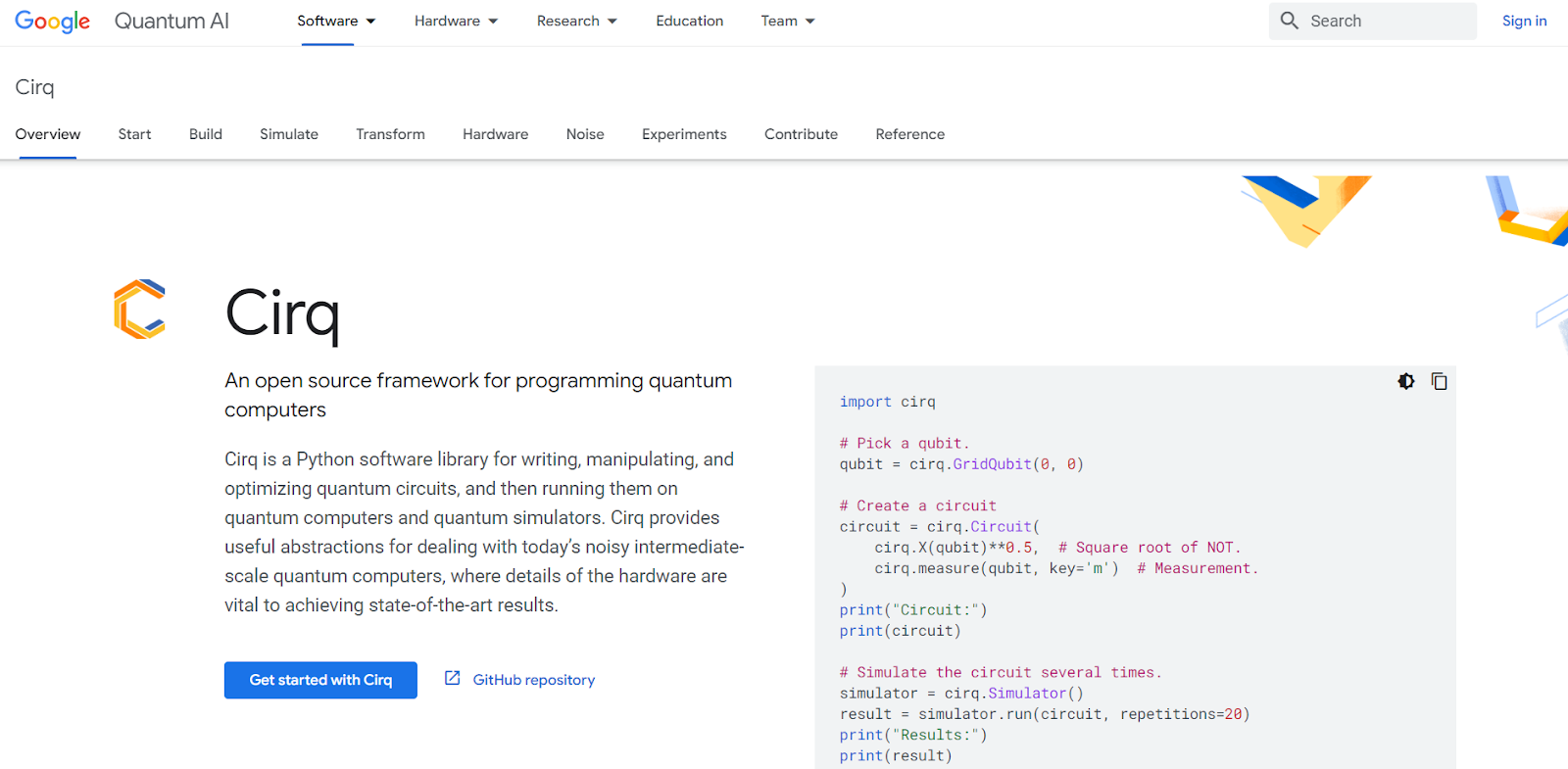 Cirq quantum programming library