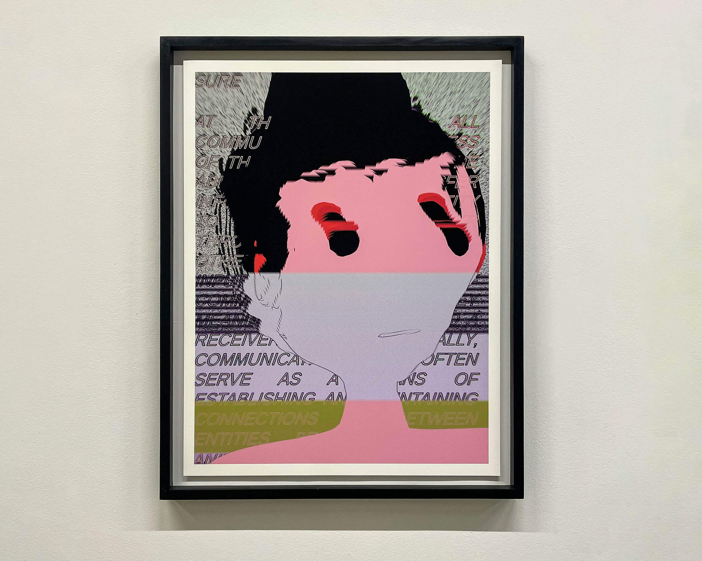 'Portrait of Sophie: Establishing Connections' by Sarah Rothberg, showing a virtual female face with glitched out eyes in pink and purple and floating text going across the face and image the says "receiving connections" and "establishing between entities"