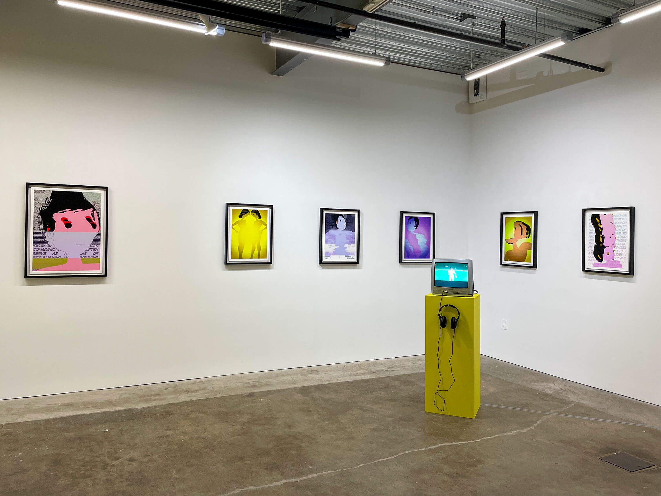 Sarah Rothberg's solo exhibition 'SUPERPROMPT' installed at bitforms gallery San Francisco, featuring her new print suite on the wall, 'Portraits of Sophie', 2023