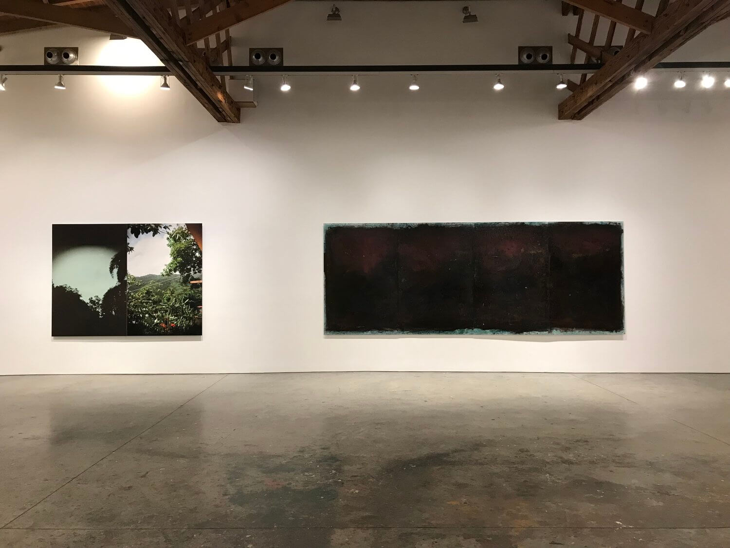 Exhibition view of 'Jamaica' by King David, showing photographic prints next to abstract paintings