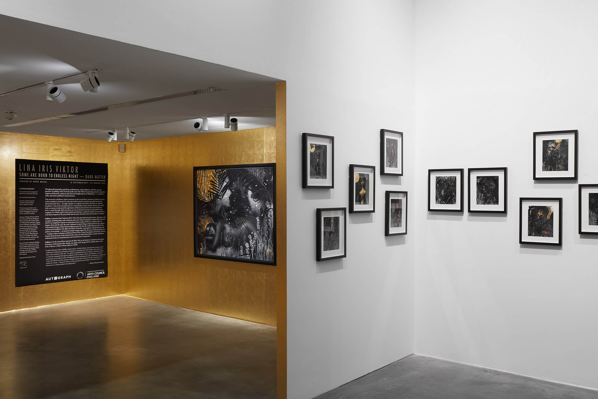 Installation shot of, 'Some Are Born To Endless Night —Dark Matter', solo exhibition of Lina Iris Viktor at Autograph UK