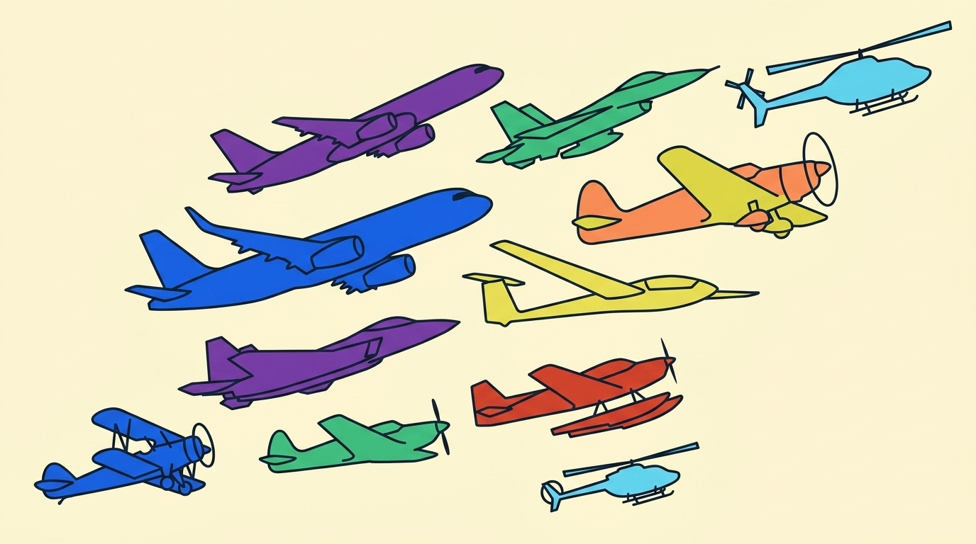A flat, brightly coloured illustration of a squadron of different aircraft — biplane, jet airliner, fighter, propeller plane, glider, seaplane and helicopter — flying in formation across a cream sky.