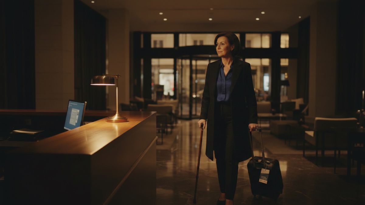 A guest crosses a dimly lit hotel lobby towards the reception desk, walking with a stick and pulling a suitcase.