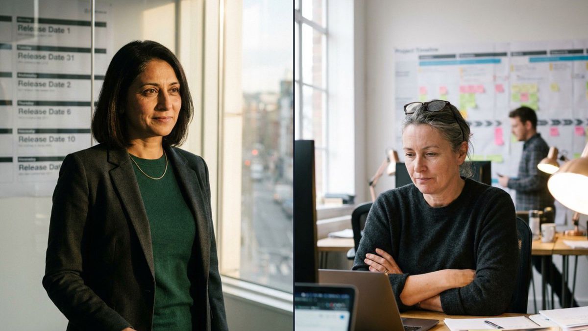 Two colleagues side by side: one standing at a window beside a wall of release-date notices, one sitting at a laptop with her arms folded in front of a project timeline.