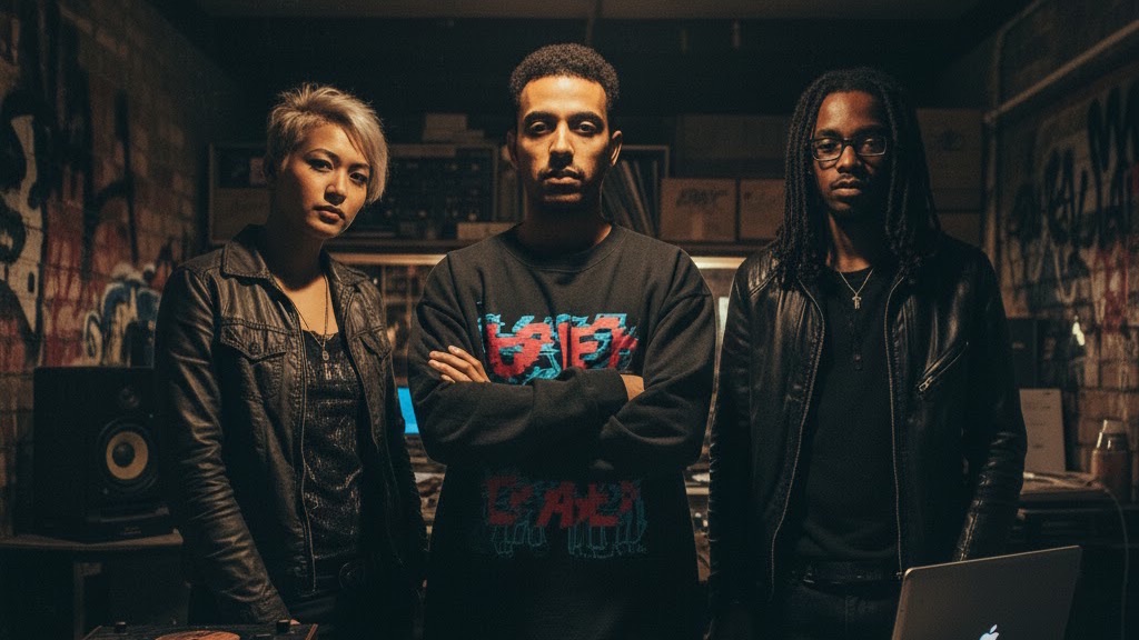 Three founders standing together in a graffitied studio space, facing the camera.
