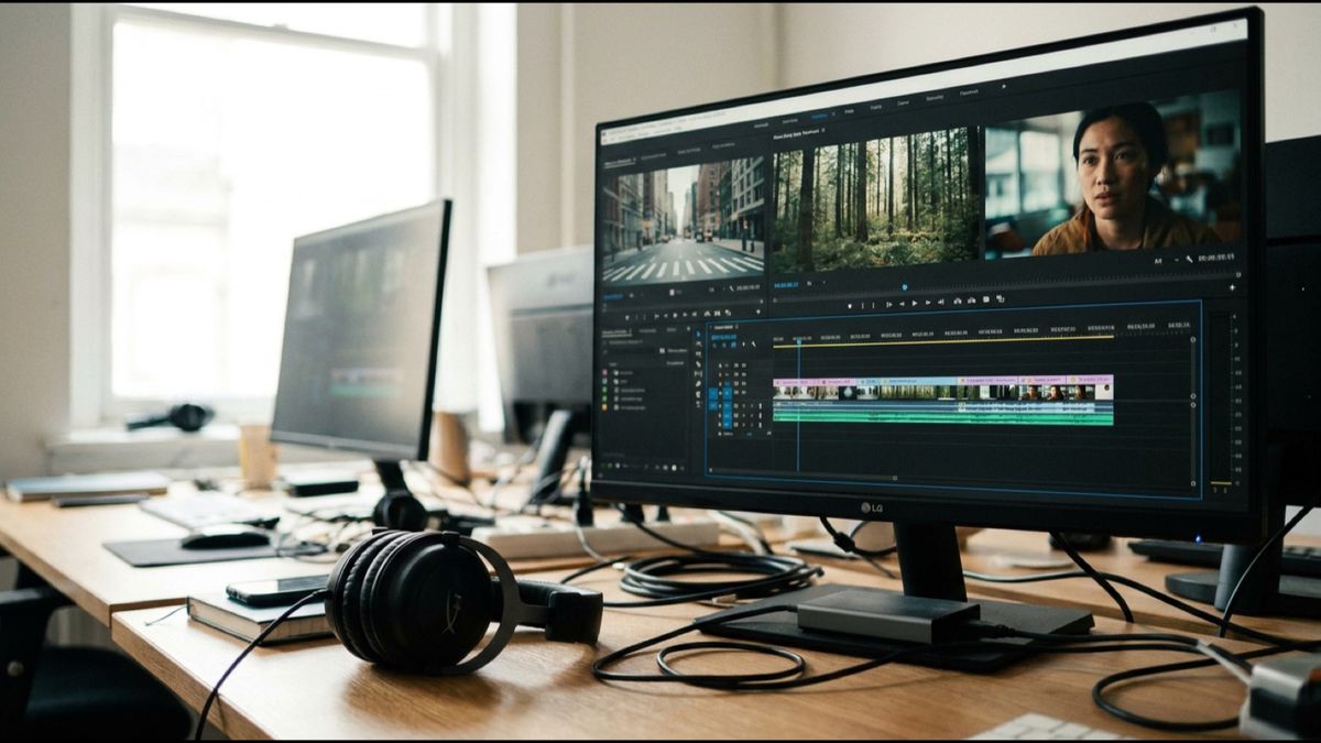 A desk with a monitor showing a video editing timeline, headphones and cables in front of it.