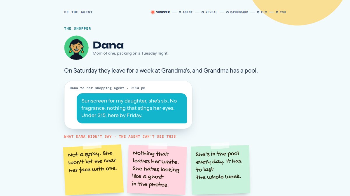 The game's shopper screen: Dana, her message asking her agent for sunscreen for her six-year-old, and three sticky notes the agent never sees.