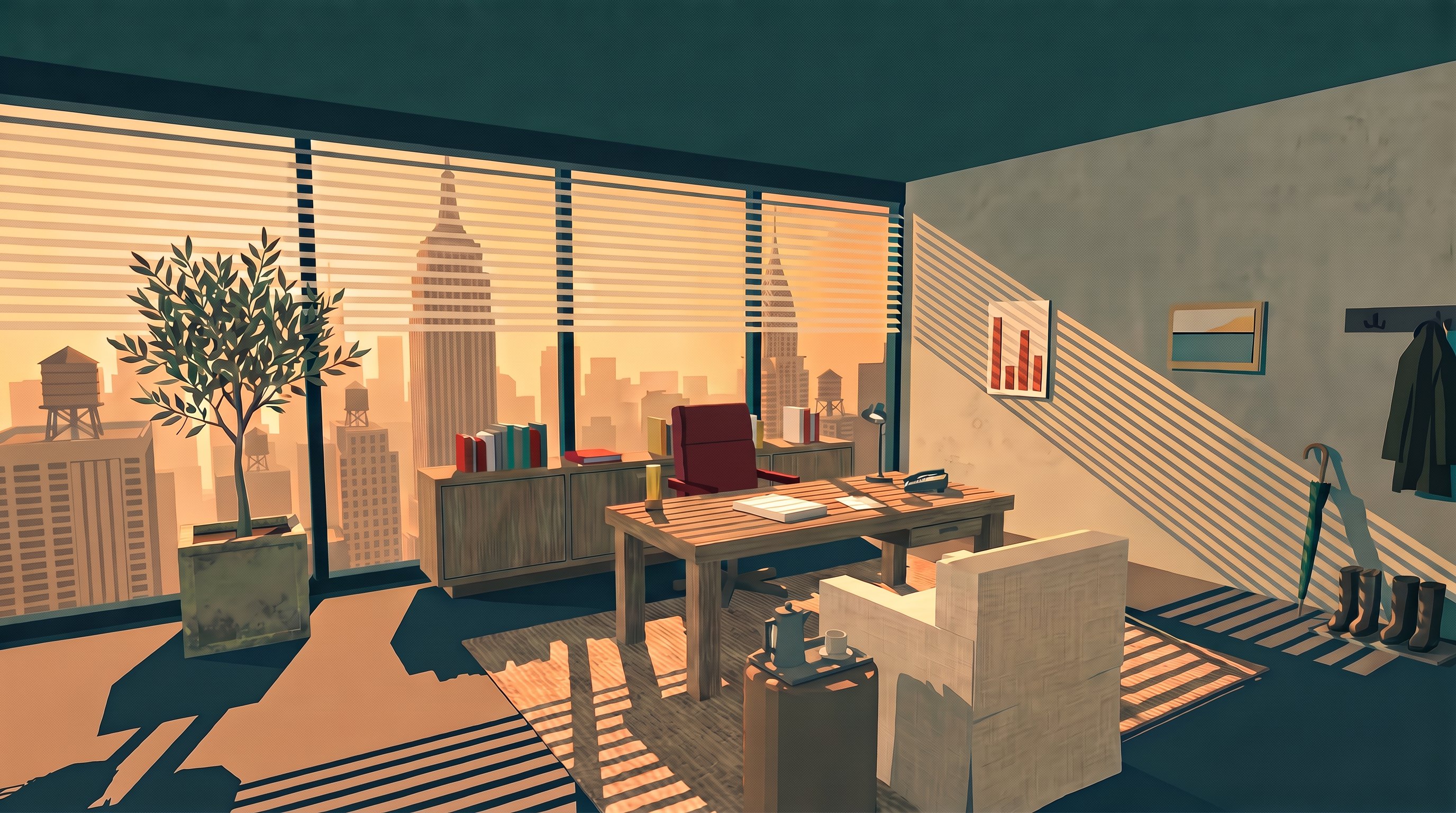 Illustration of a corner office at golden hour: a desk and red chair, an olive tree, and a city skyline through slatted blinds.