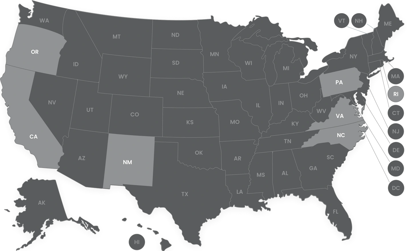 A map of the United States with states labeled by abbreviations, showing OR, CA, NM, PA, VA, and NC highlighted in a lighter shade of gray.