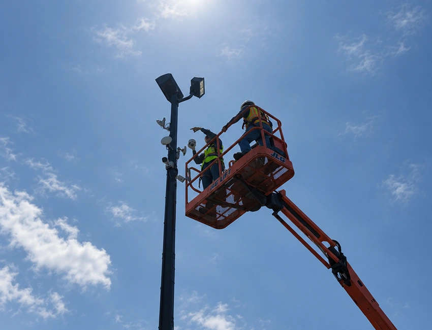 Two workers in safety gear repair a tall streetlight from an orange boom lift against a bright blue sky, conveying focused teamwork high above the ground.