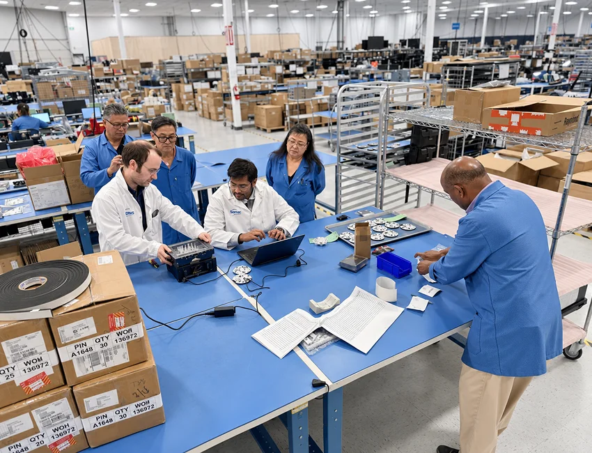 Engineers in blue and white lab coats collaborate around electronics on a blue worktable in a bright warehouse, with boxes and equipment behind them.