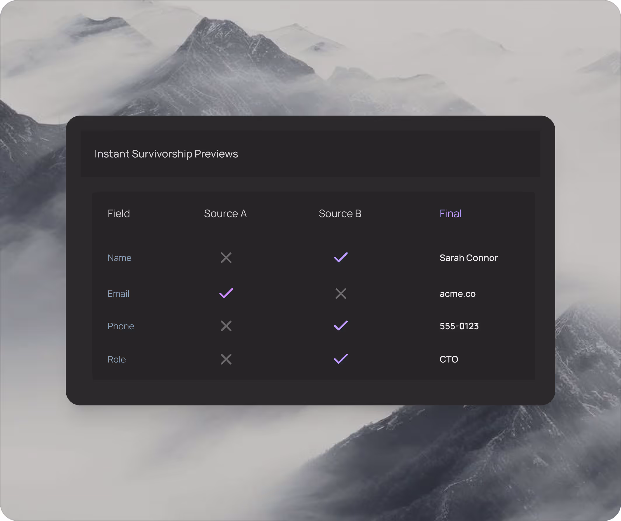 MatchLogic merge purge survivorship preview showing which field values survive from each source record into the final golden record