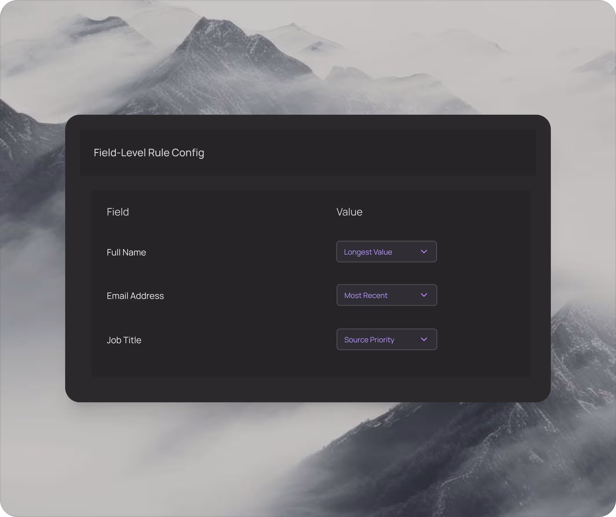 MatchLogic merge purge survivorship rules showing field-level configuration for names, dates, addresses, and phone numbers with source priority options