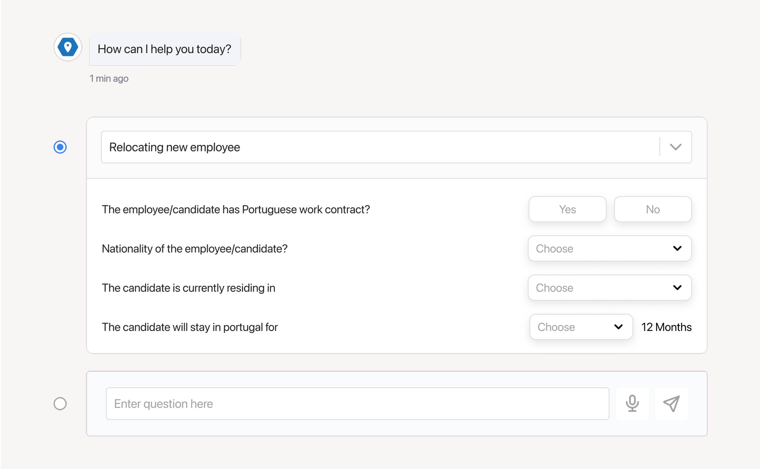 Jobbatical platform -Chat interface with a selected radio option titled 'Relocating new employee' showing follow-up questions about the employee's contract, nationality, and residence. Another unselected radio option includes a text input labeled 'Enter question here'.