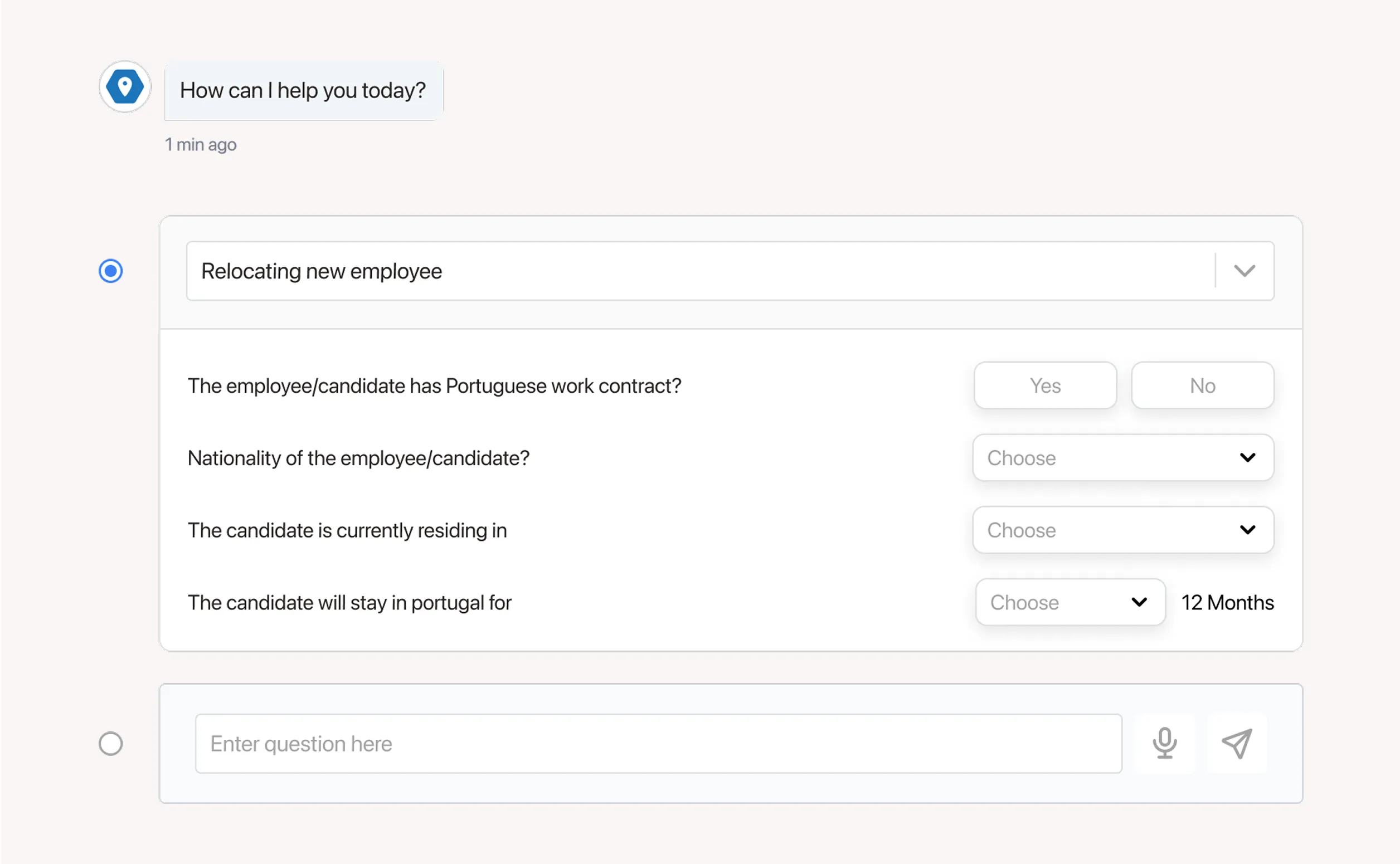 Jobbatical platform -Chat interface with a selected radio option titled 'Relocating new employee' showing follow-up questions about the employee's contract, nationality, and residence. Another unselected radio option includes a text input labeled 'Enter question here'.