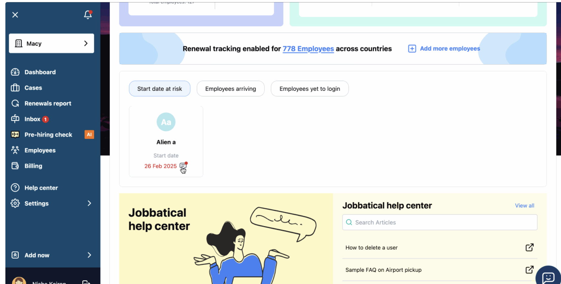Panel de control de seguimiento de visados en tiempo real de Jobbatical