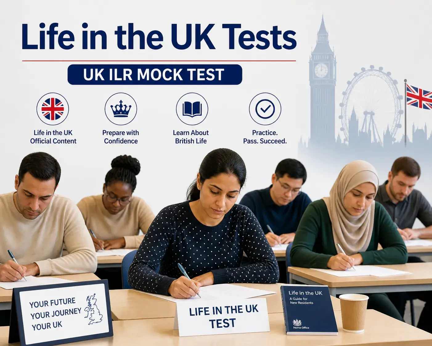 Einwanderer absolvieren in einem Klassenzimmer eine Probeprüfung für den „Life in the UK“-Test zur Vorbereitung auf die unbefristete Aufenthaltsgenehmigung (ILR) im Vereinigten Königreich