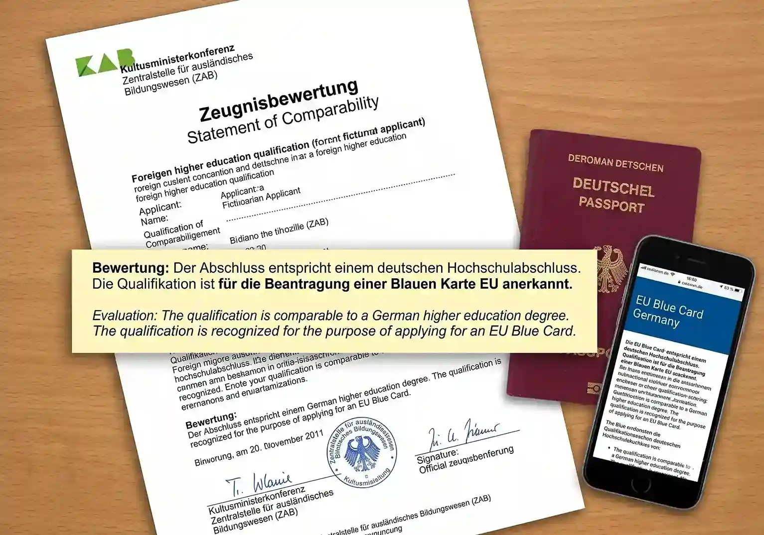 ZAB Statement of Comparability document used for EU Blue Card degree recognition in Germany.