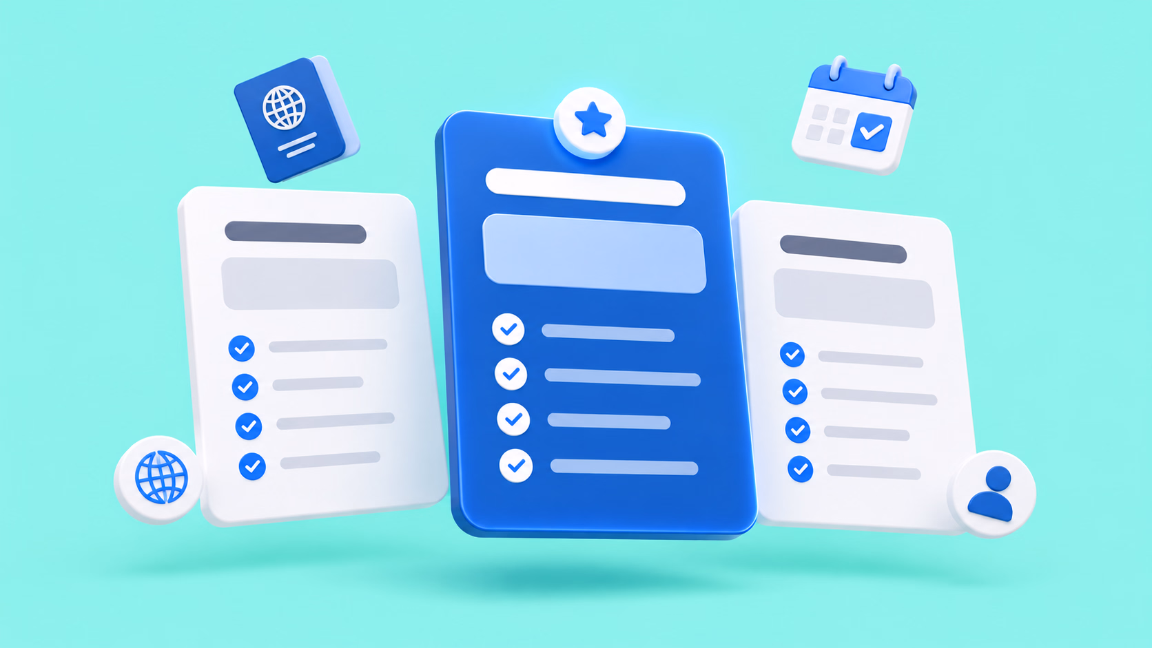 Graphique en 3D représentant les différents niveaux de la plateforme « Jobbatical », avec des fiches de contrôle, une icône de passeport, un calendrier et des badges de profil utilisateur