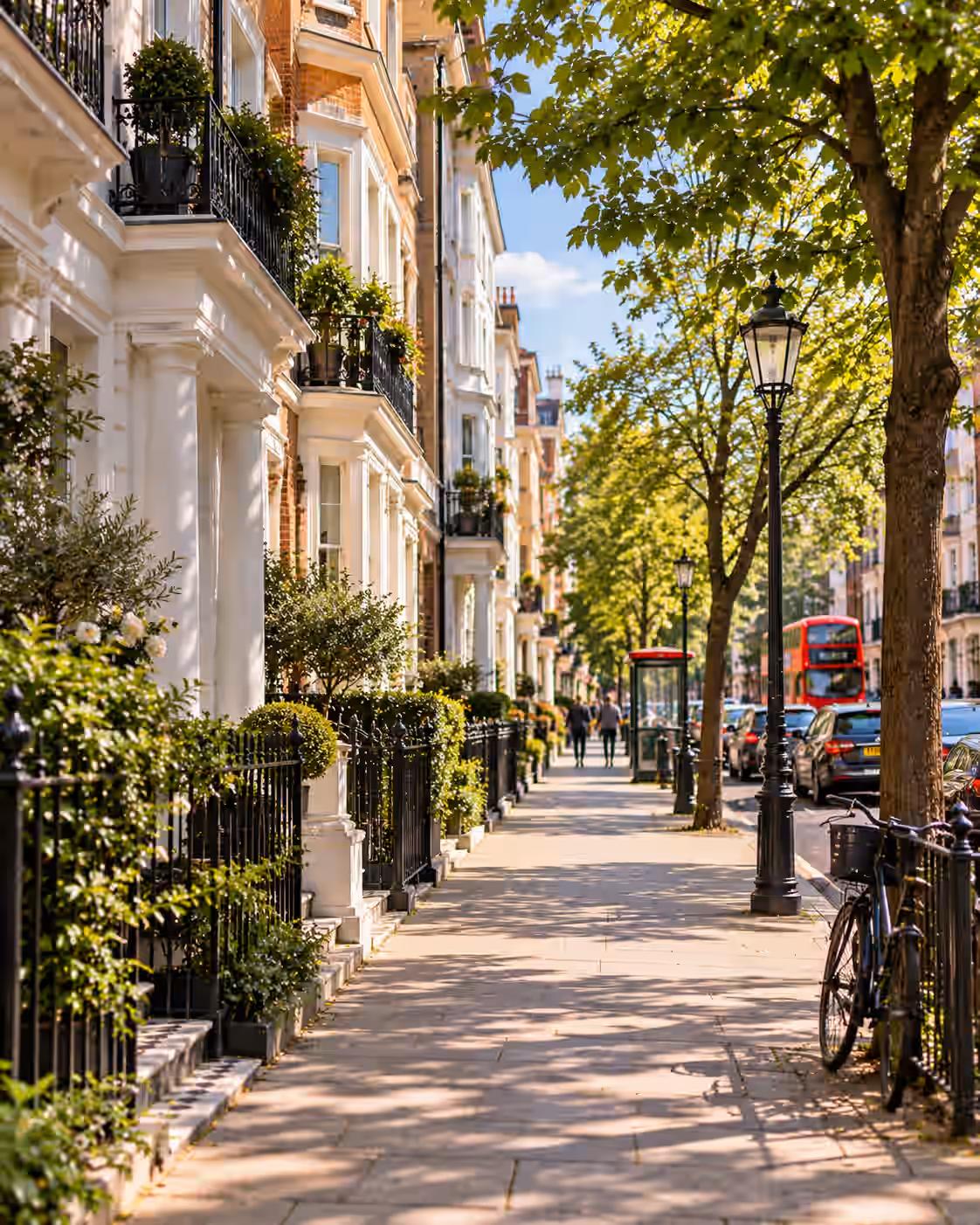 Terraced houses on a residential London street where relocated employees rent their first flat