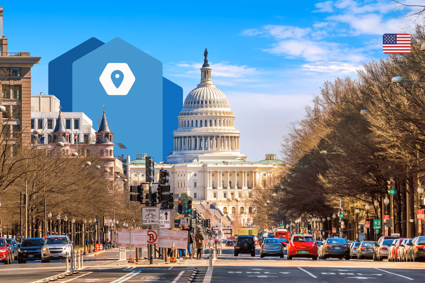 Capitole des États-Unis au bout de la longue avenue occupée par des voitures