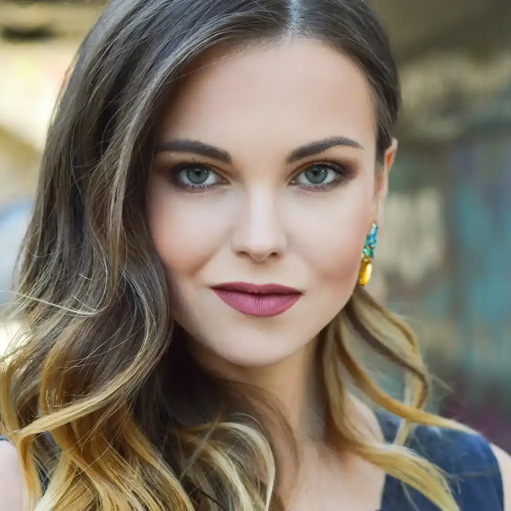 A woman with long brown hair and blue eyes gazes at the camera. She wears turquoise earrings and has subtle makeup with pink lipstick, exuding confidence.