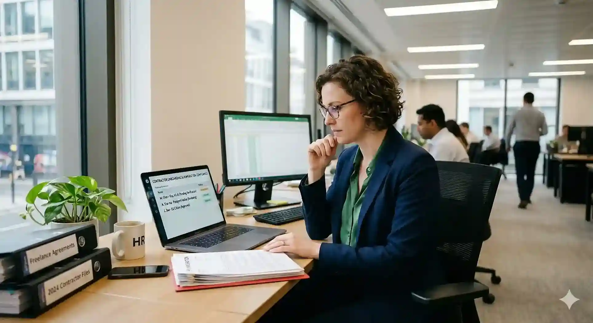 HR professional reviewing Germany freelance residence permit documents on a laptop with Berlin skyline in background
