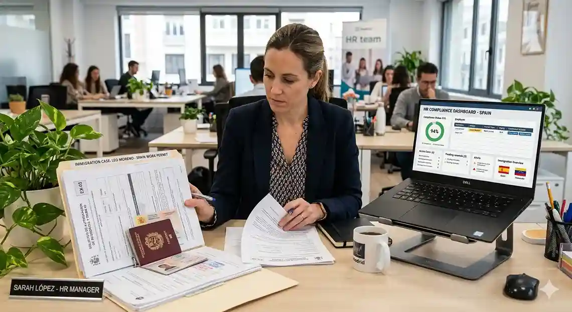 HR professional reviewing Spain work permit documents with two route options illustrated