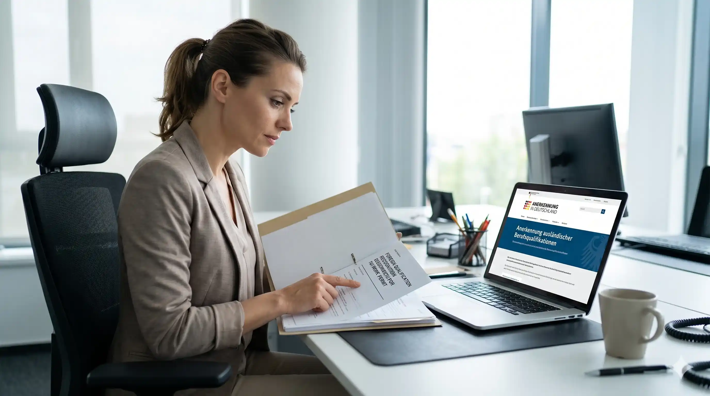 HR manager reviewing foreign qualification recognition documents for a Germany work permit application