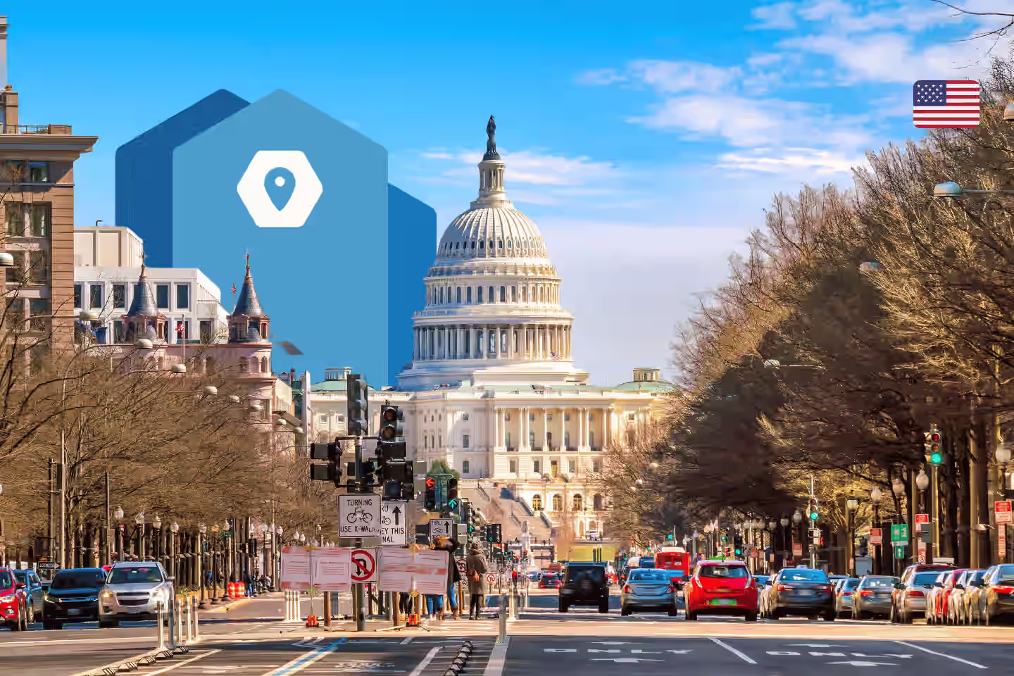 U.S.A. Capitol am Ende der Long Avenue mit vielen Autos