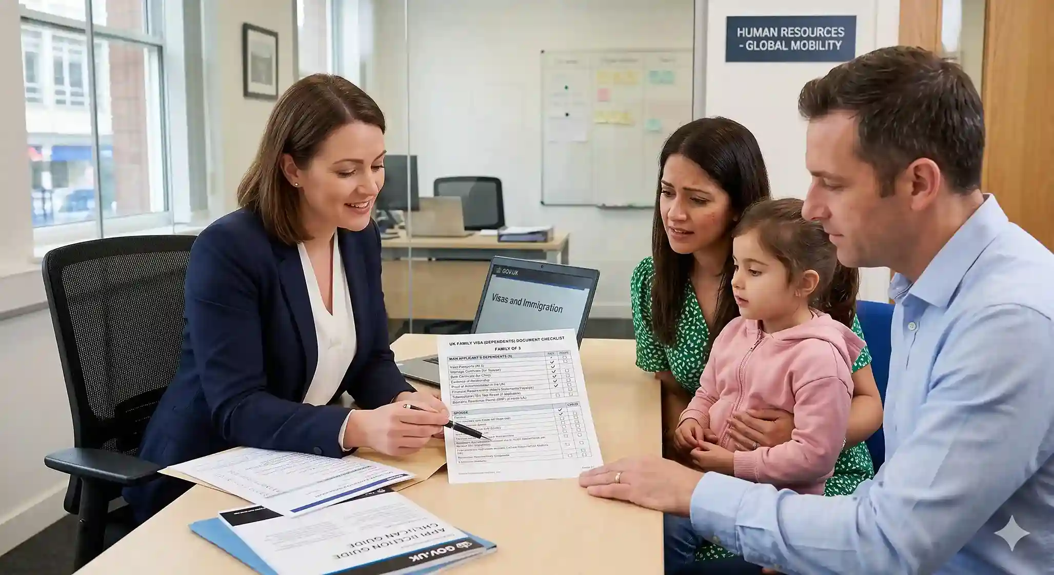 An HR professional sitting at an office desk points to items on a UK Family Visa Dependents Document Checklist while reviewing it with a mother, father, and young daughter.