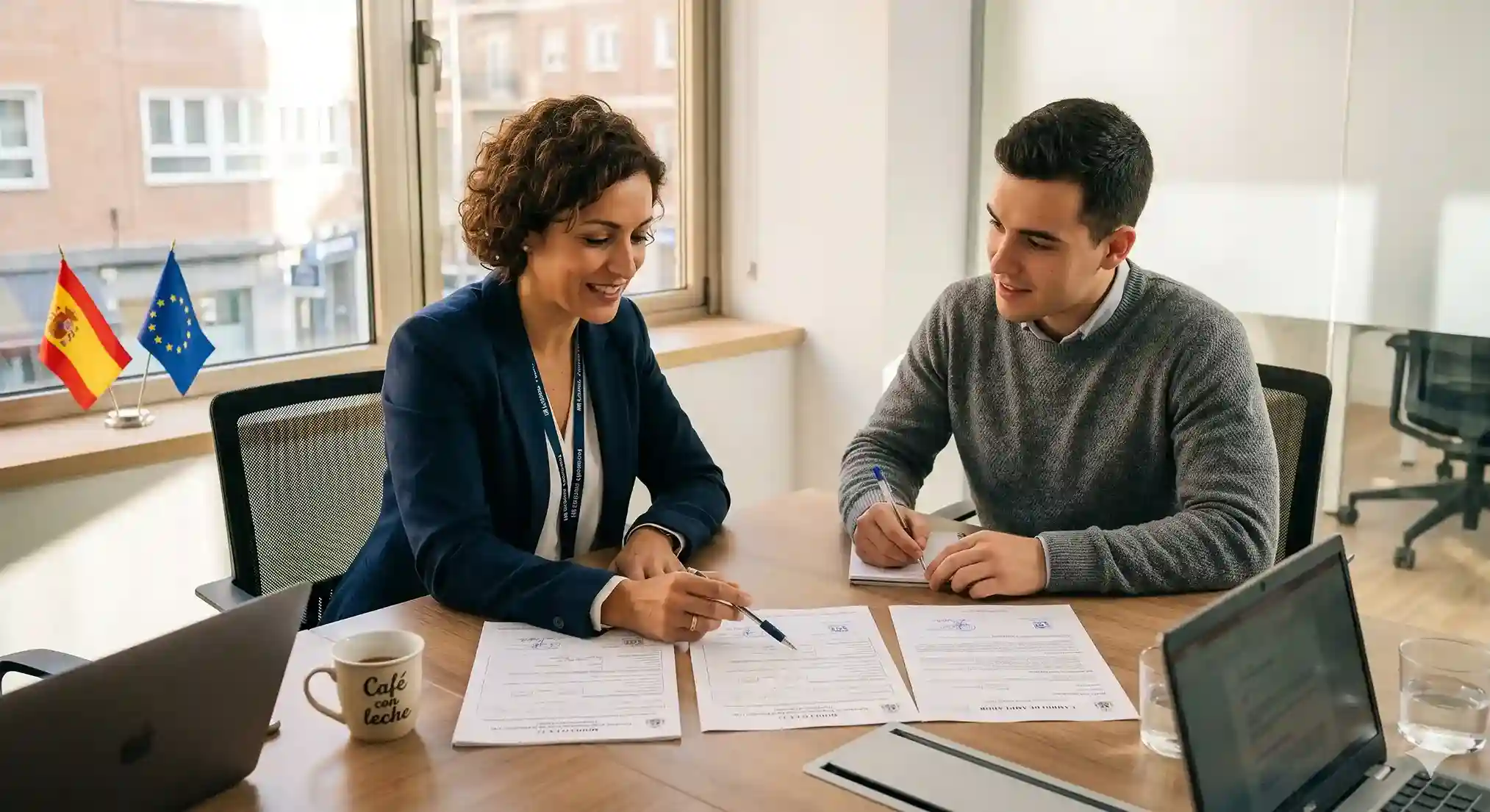 Das Personalteam prüft auf einem Laptop die Unterlagen für eine Arbeitserlaubnis bei einem Arbeitgeberwechsel in Spanien