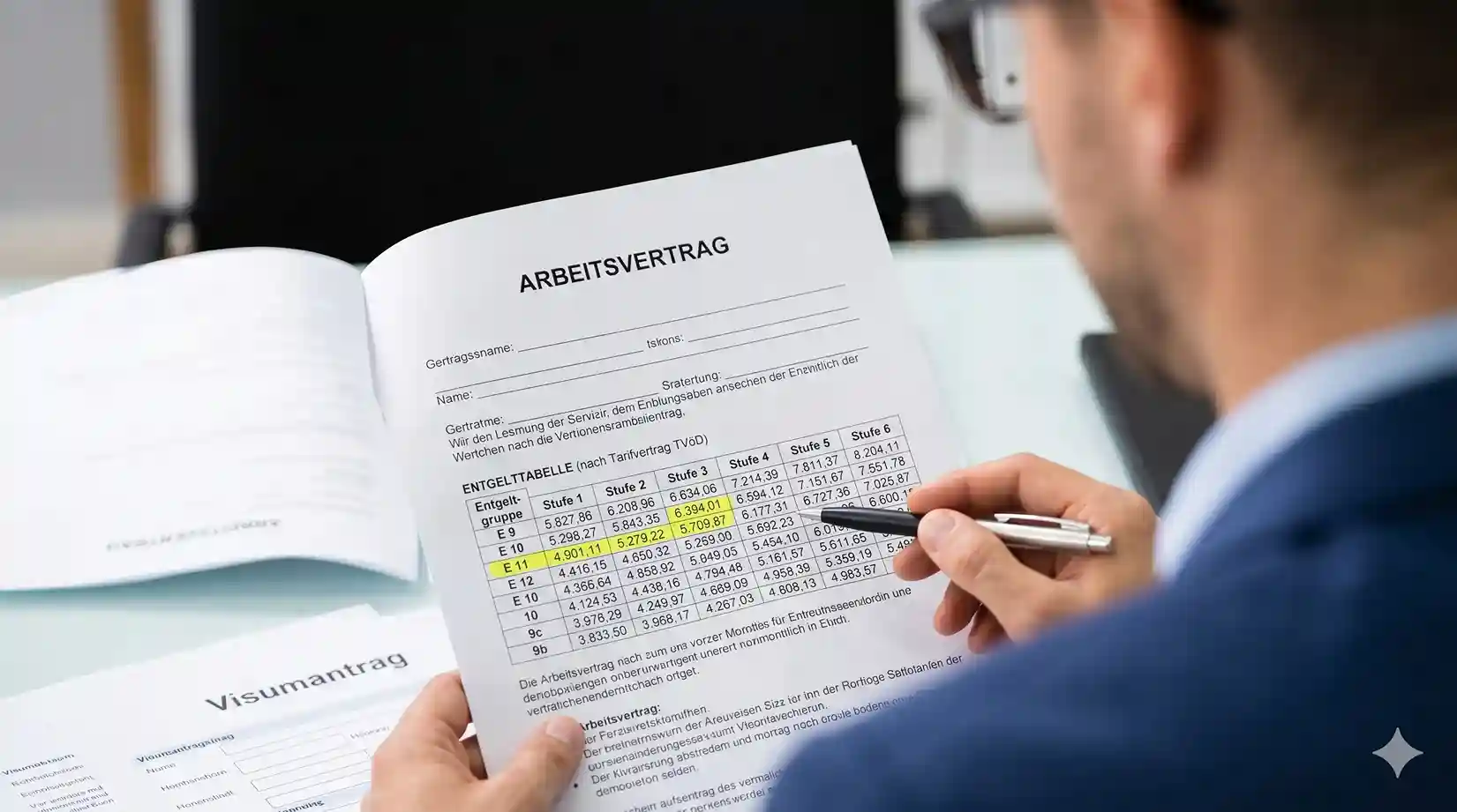 Personalmanager, der ein Dokument mit den Tariflöhnen aus einem deutschen Tarifvertrag für Anträge auf ein Fachkräftevisum prüft