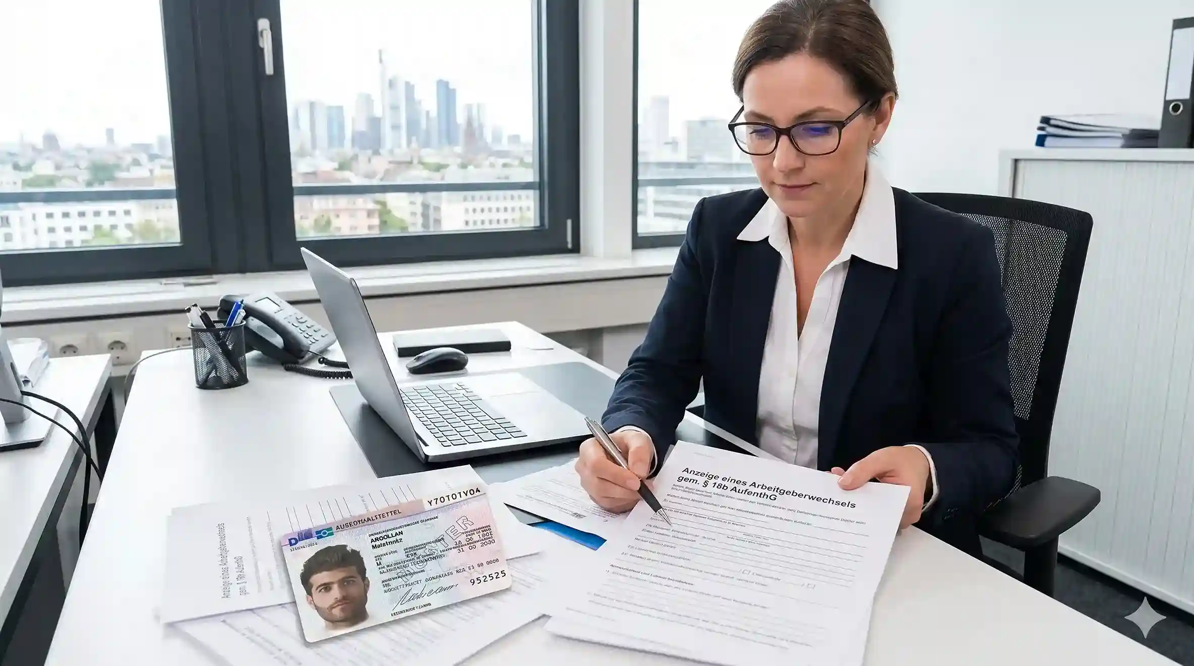 HR manager reviewing Germany §18b Skilled Worker Visa employer change documents at a desk