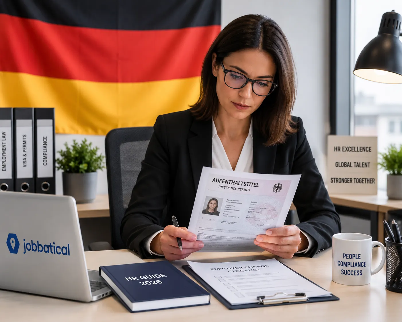 HR professional reviewing immigration documents for a Germany Qualified Employment Permit employer change
