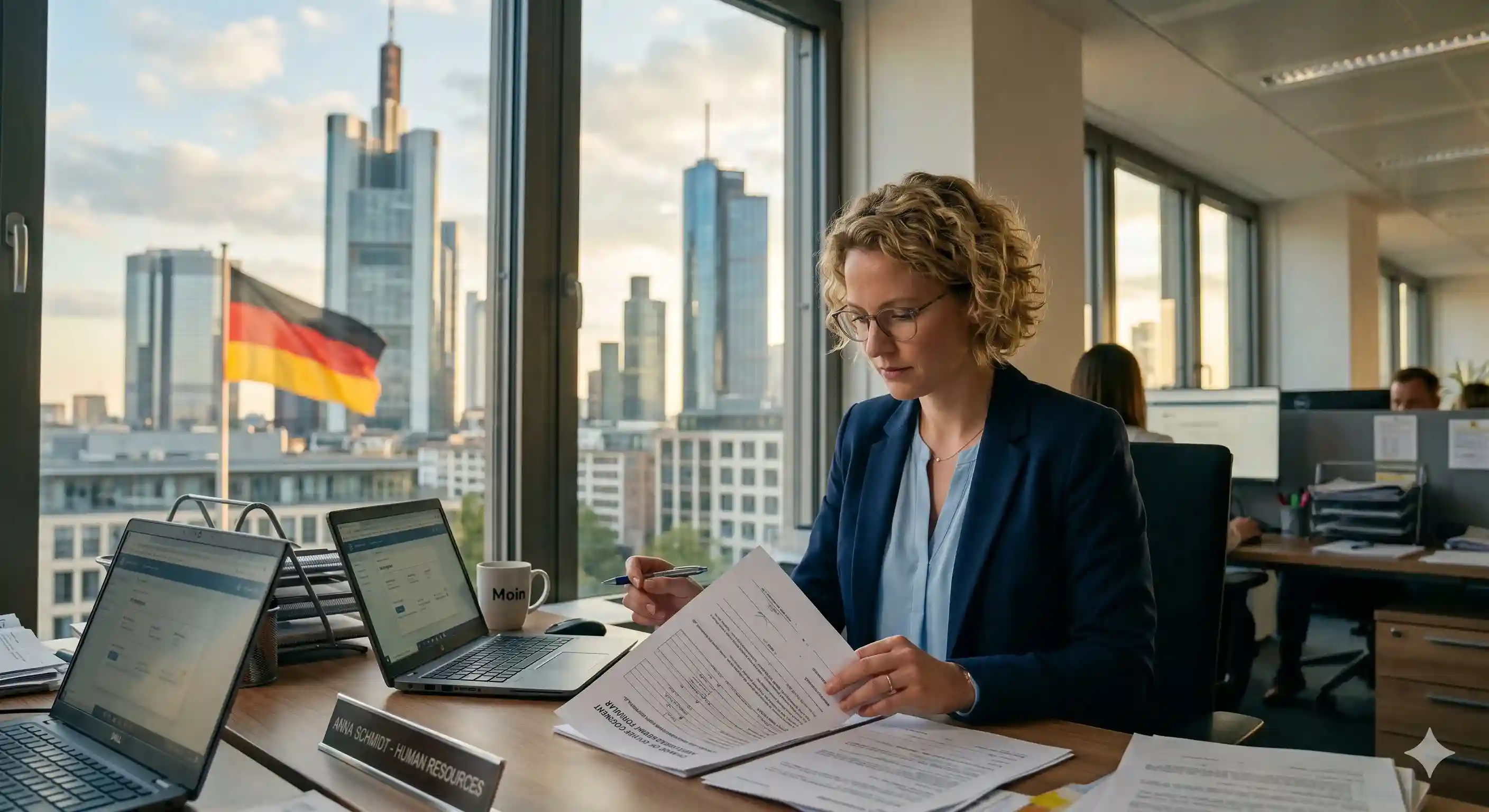 HR professional at a desk reviewing a Germany change of Employer document