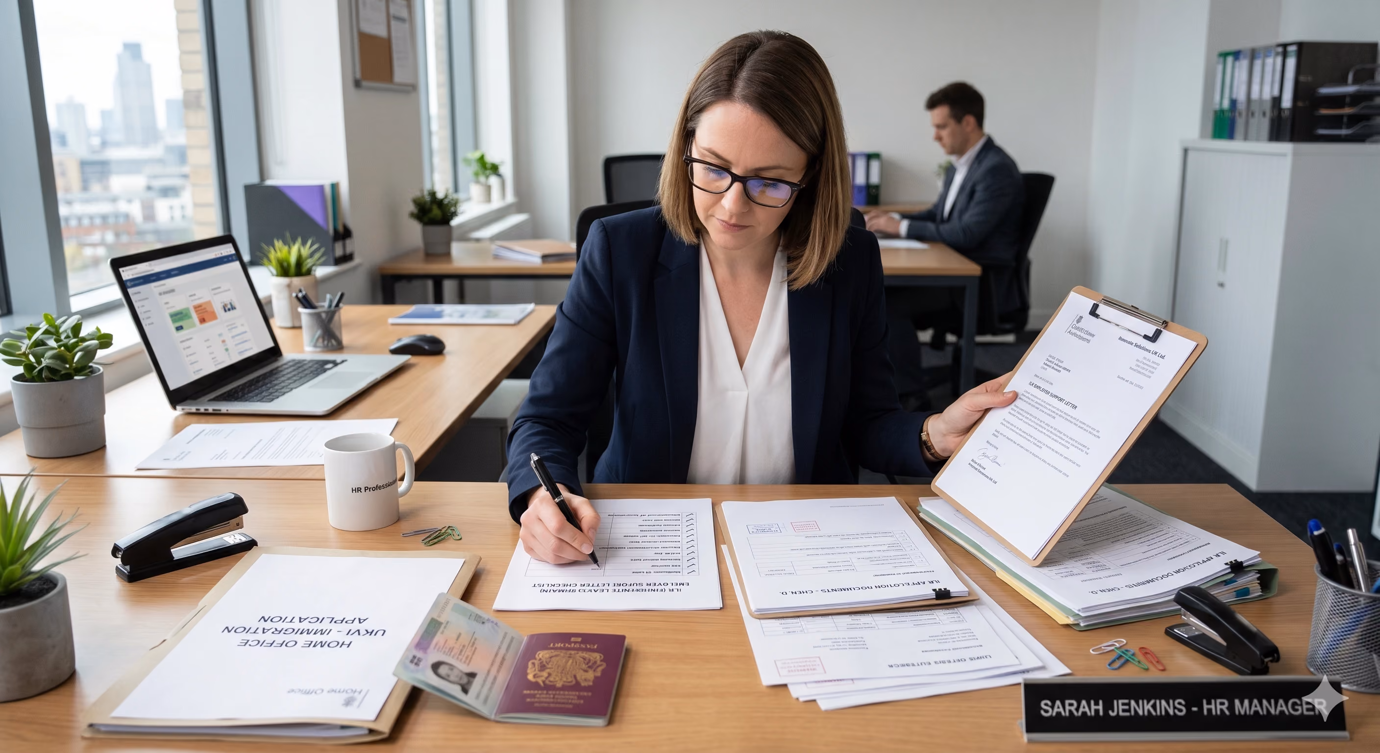 HR manager reviewing an ILR employer support letter checklist on a desk with UK immigration documents