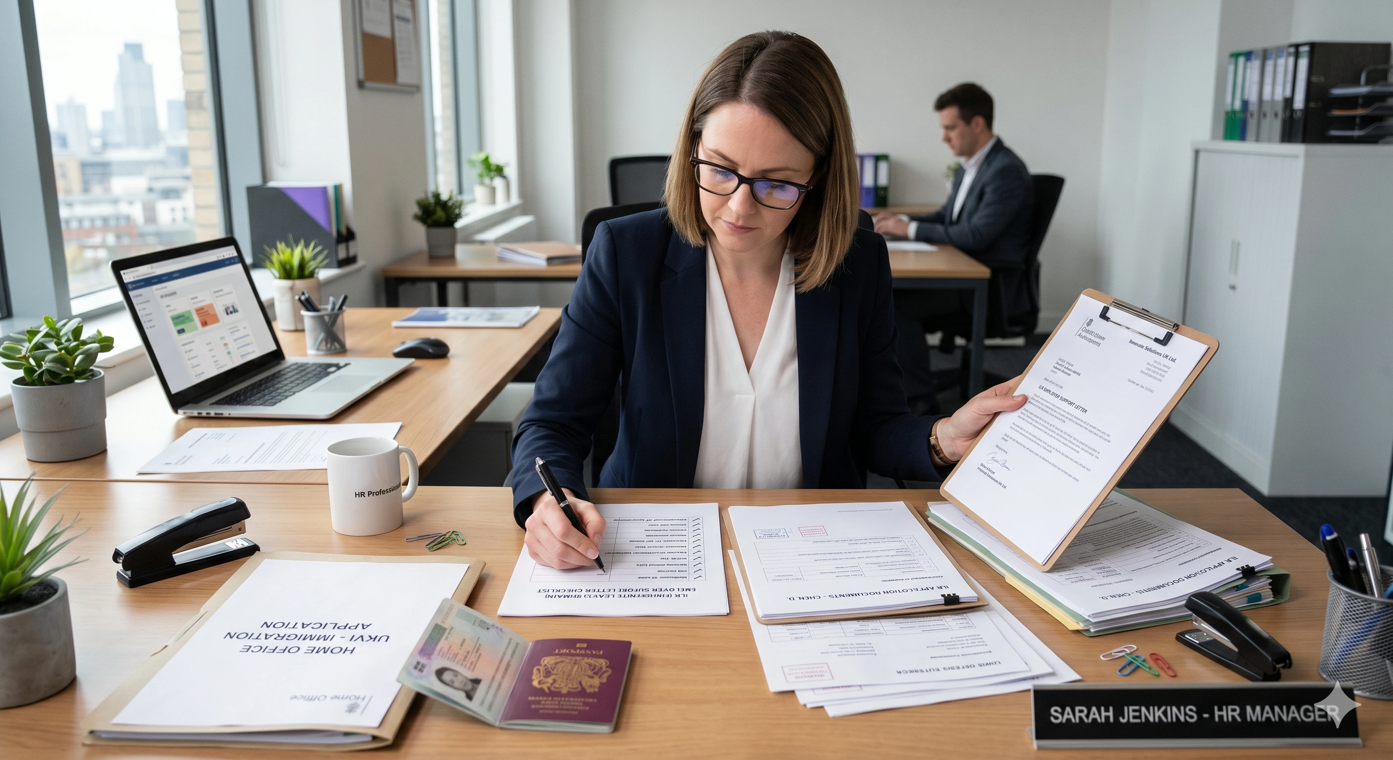 HR manager reviewing an ILR employer support letter checklist on a desk with UK immigration documents
