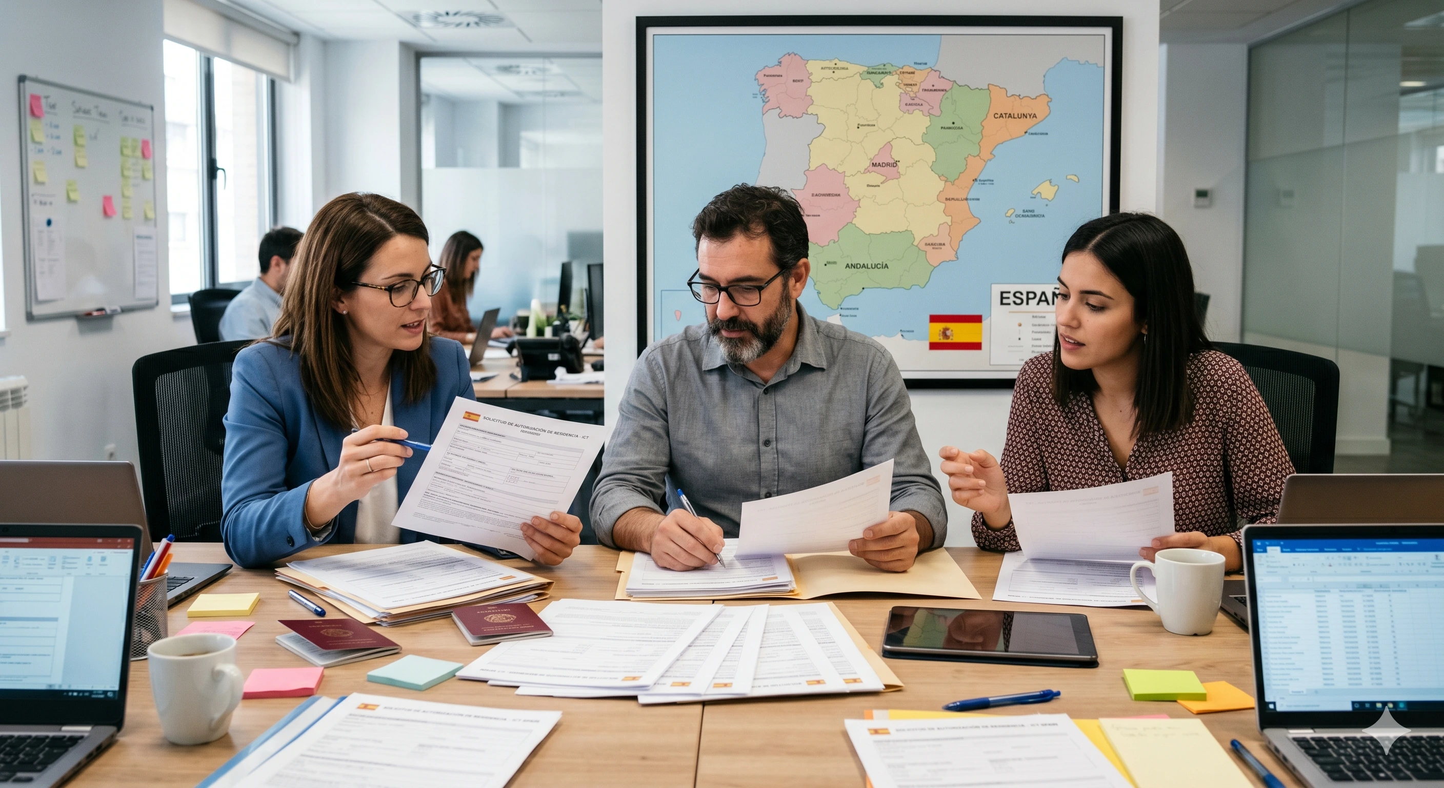Une équipe des ressources humaines examine plusieurs demandes de permis TIC pour l'Espagne, étalées sur un bureau avec une carte de l'Espagne en arrière-plan