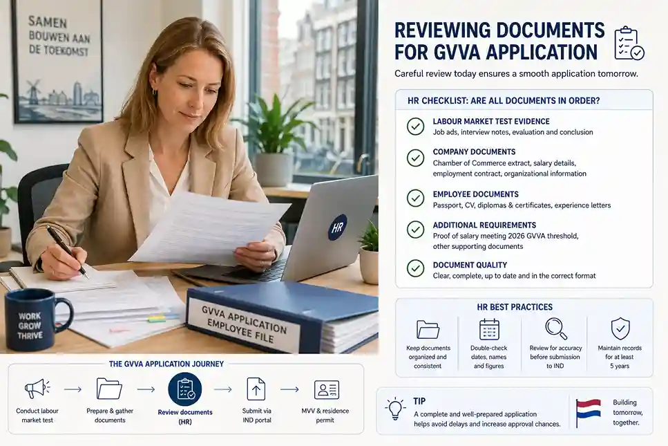 Un profesional de recursos humanos revisando los documentos de la solicitud del permiso único GVVA de los Países Bajos en su escritorio